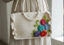 حقيبة يد كروشية أوف وايت مزينة بالزهور